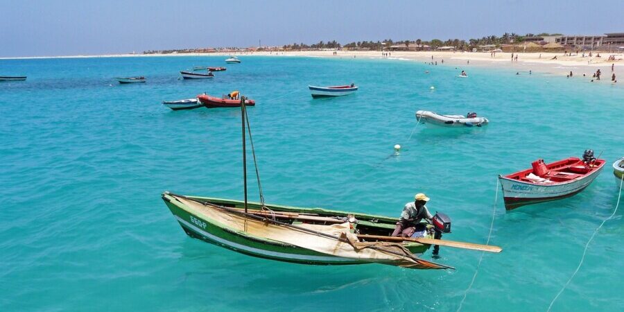 Fishing boats in turquoise water off Sal