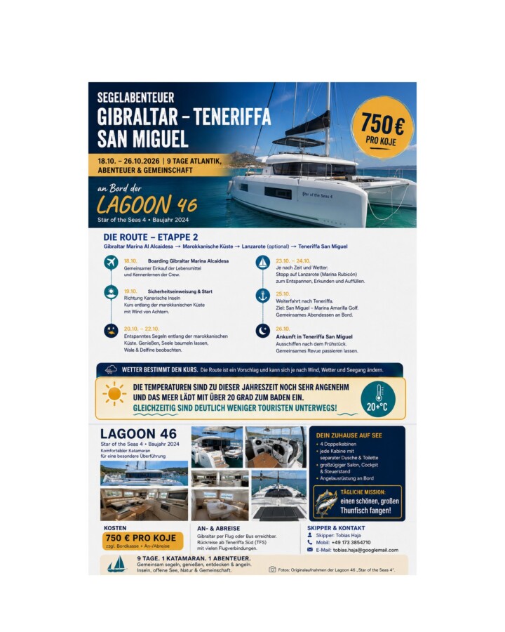 Gibraltar – Tenerife, Lagoon 46, built 2024 by Tobias Haja