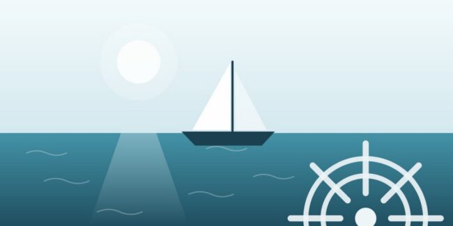 sailing-licence-and-first-independent-trip Sailing boat on the horizon and ship's wheel - symbolic image for sailing licence and first independent sailing trip