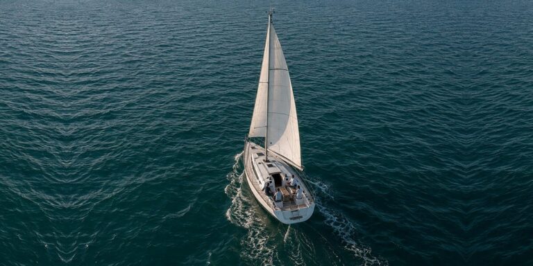 Sailing yacht under sail from the air — trip with vacant berths for crew