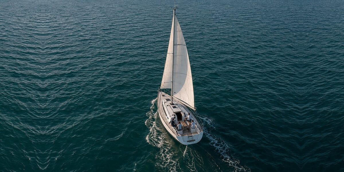 Crew wanted — sailing yacht under sail Sailing yacht under sail from the air — trip with vacant berths for crew