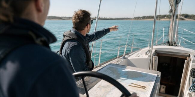 Sailing course on board — training in the cockpit Sail training in the cockpit: instructor explains the route, chart on the cockpit table