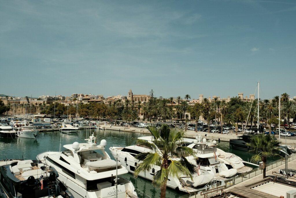 Yacht harbour of Palma de Mallorca with promenade