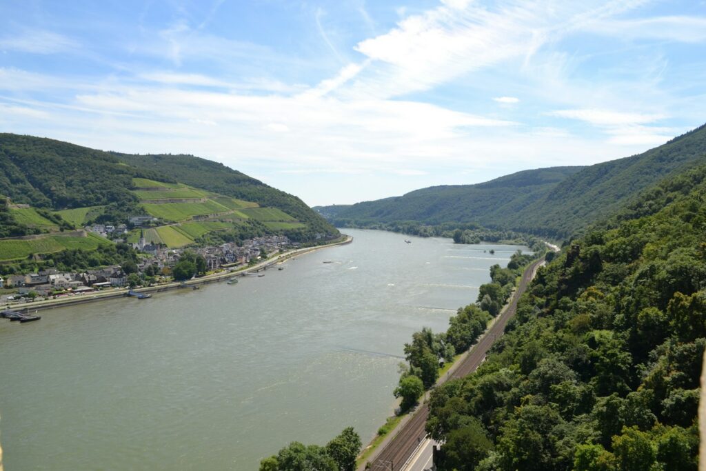 Der Rhein fließt zwischen grünen, bewaldeten Hängen