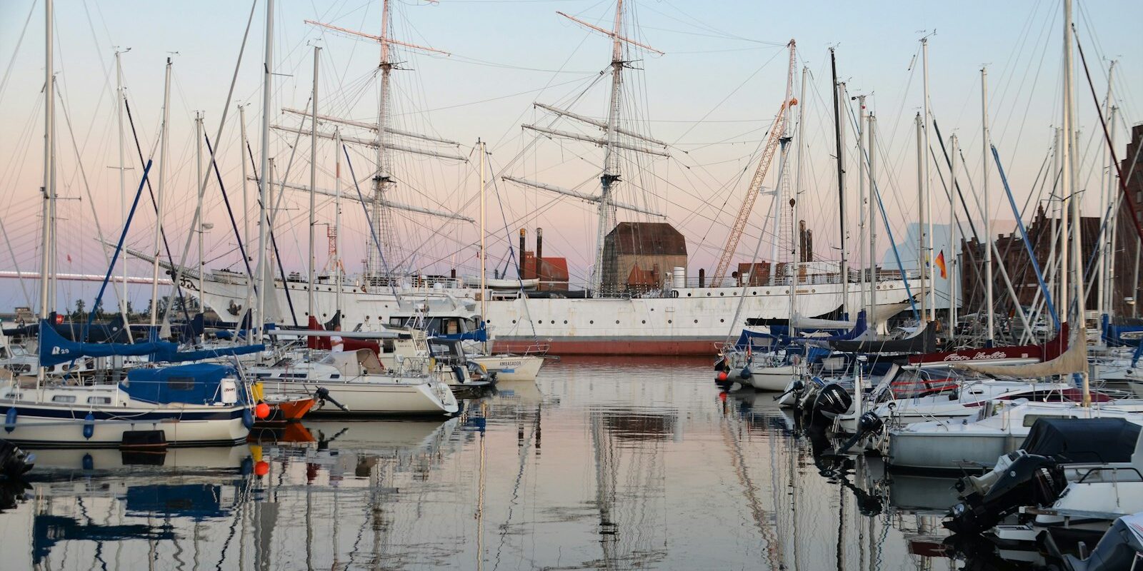 Marina in Stralsund mit Segelschulschiff Yachten in der Marina von Stralsund, dahinter das Segelschulschiff Gorch Fock